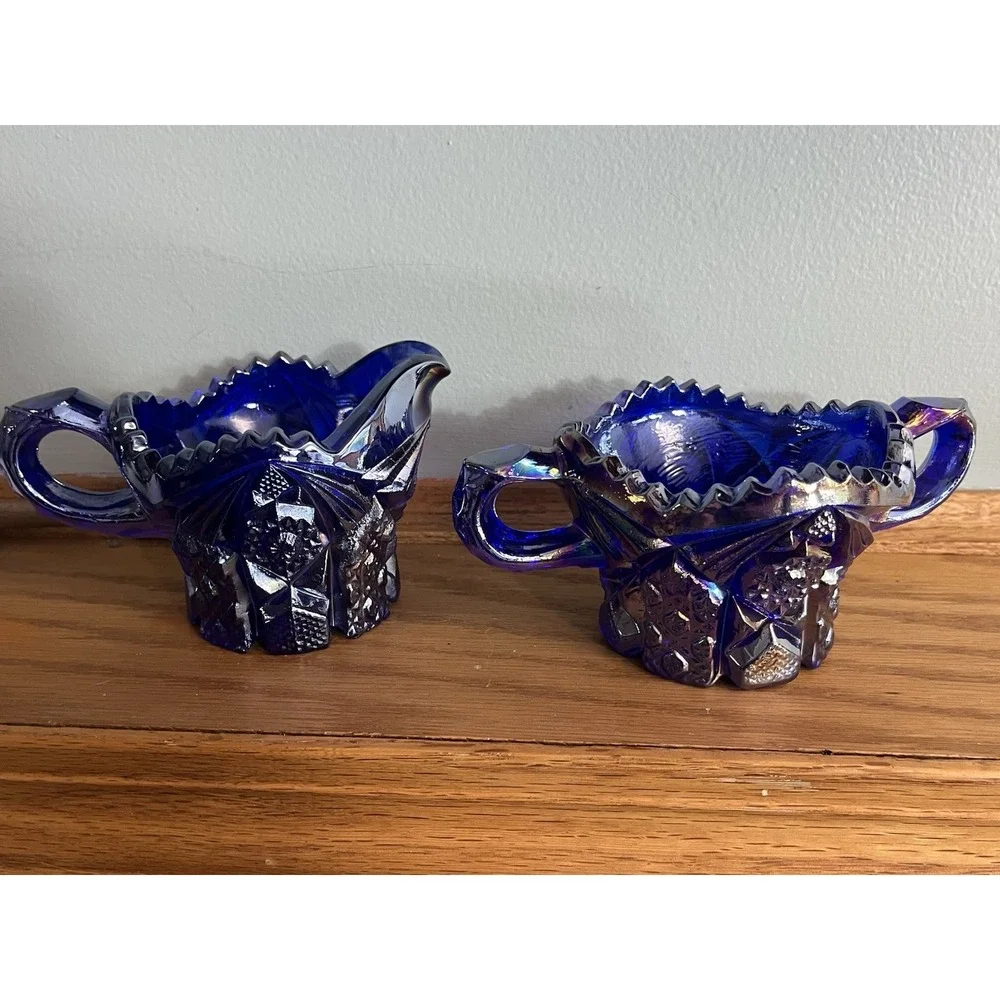 Imperial Carnival Glass Sugar Bowl Creamer Set Cobalt Blue #526 Iridescent Nucuf